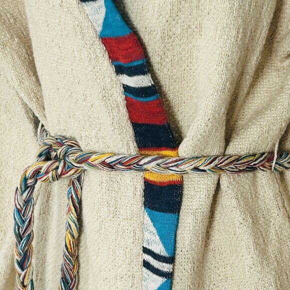 Faherty Cardigan Sweater M/L Beige Native Designed Crow Stripes Fringe Tie - Picture 4 of 7